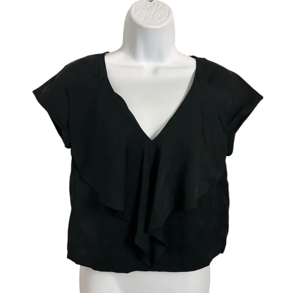 MILLY Black Crop V-Neck Blouse Sz 4 Silk Minimalist Fashion Ruffle Top Classic